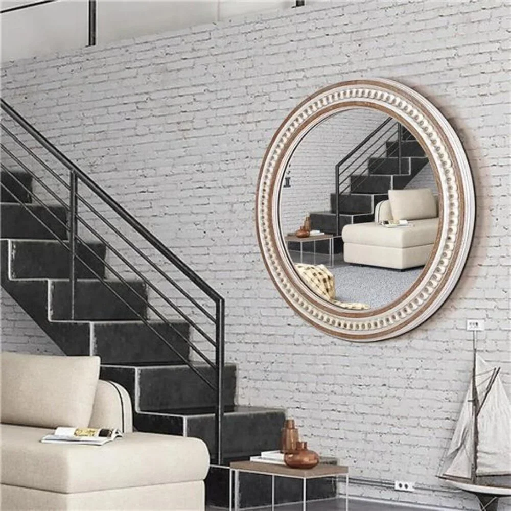 24 Inches Rustic Round Wall Mirrors -Wooden Farmhouse Circle Mirror for Bathroom